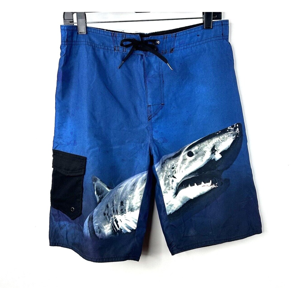 Hang Ten Surf Swim Board Shorts‎ Trunks Youth Boys Large Shark Blue Pocket Liner